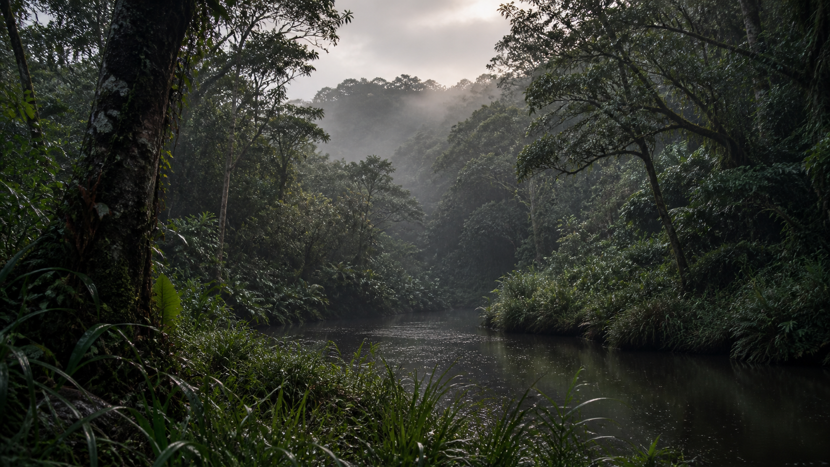 A rain-dark forest and river receding into silver morning mist.